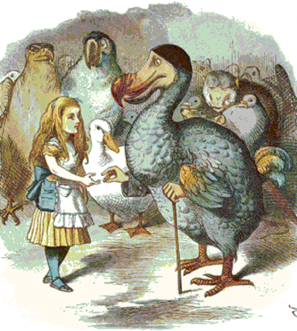Originele illustratie van het verhaal van Alice in Wonderland waar we een groep dodo kunnen zien